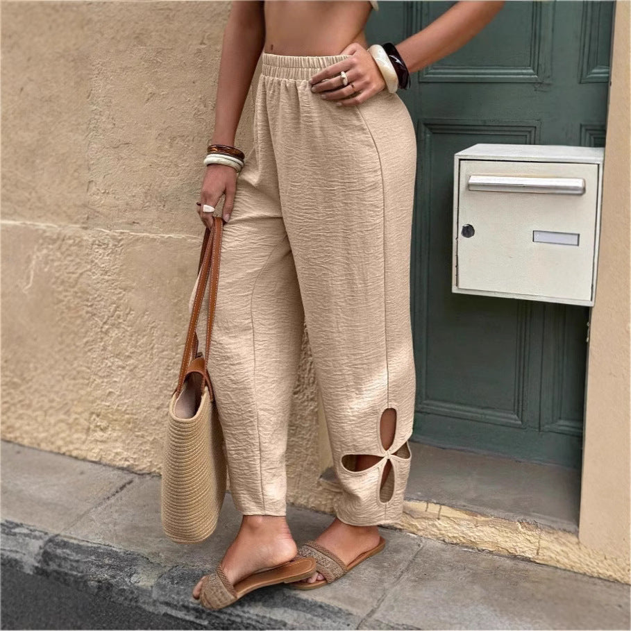 Everyday Side-pocket Hollow-out Full-length Comfortable Womens Pants
