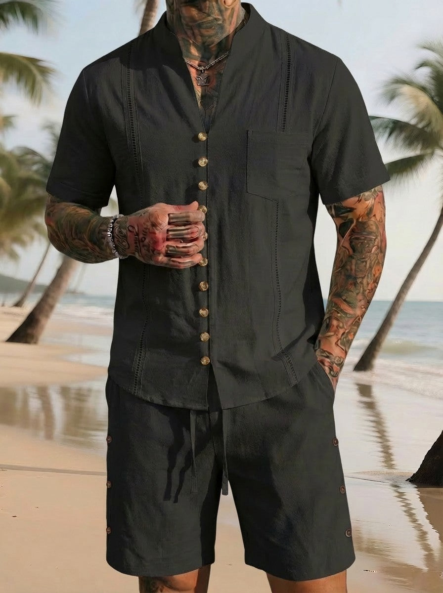 Stand-collar Solid-color Short-sleeve Shirt Set