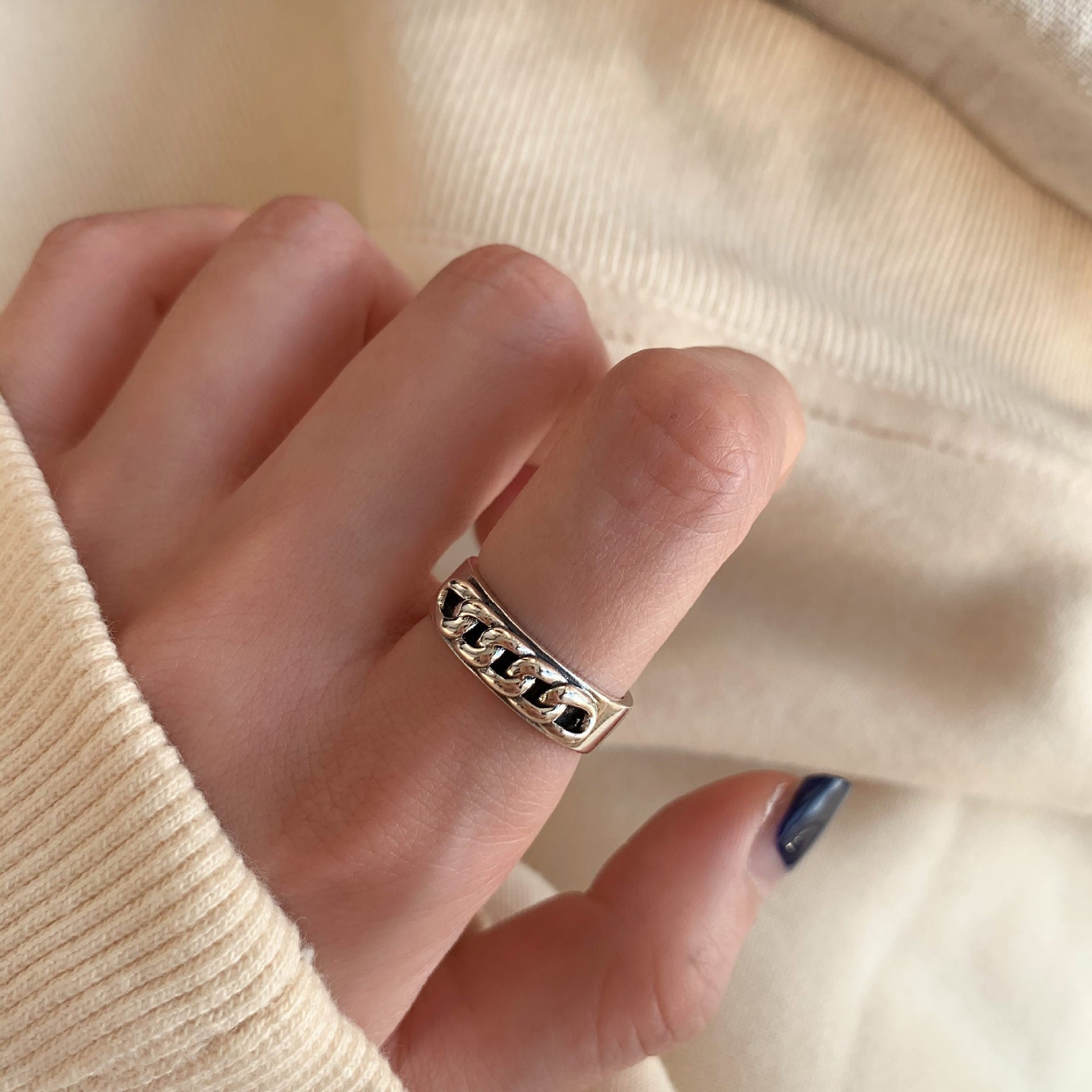 Korean Style Niche Design 925 Silver Rings For Women, Minimalist Non-Fading Vintage Heavy Industry Finger Rings Jewelry Wholesale