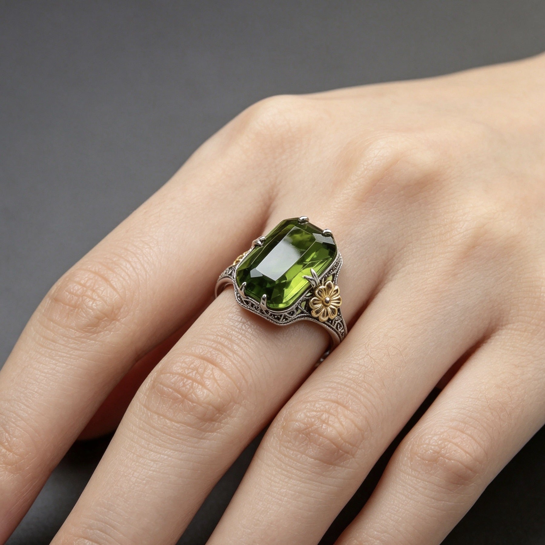 Women Green Topaz Sunflower Ring