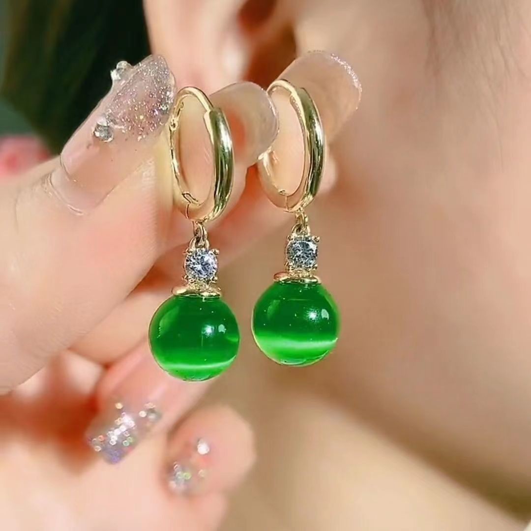 Light Luxury Green Cat's Eye Tassel Drop Earrings, Elegant Long Zircon Inlaid Ear Cuffs, Fresh Design
