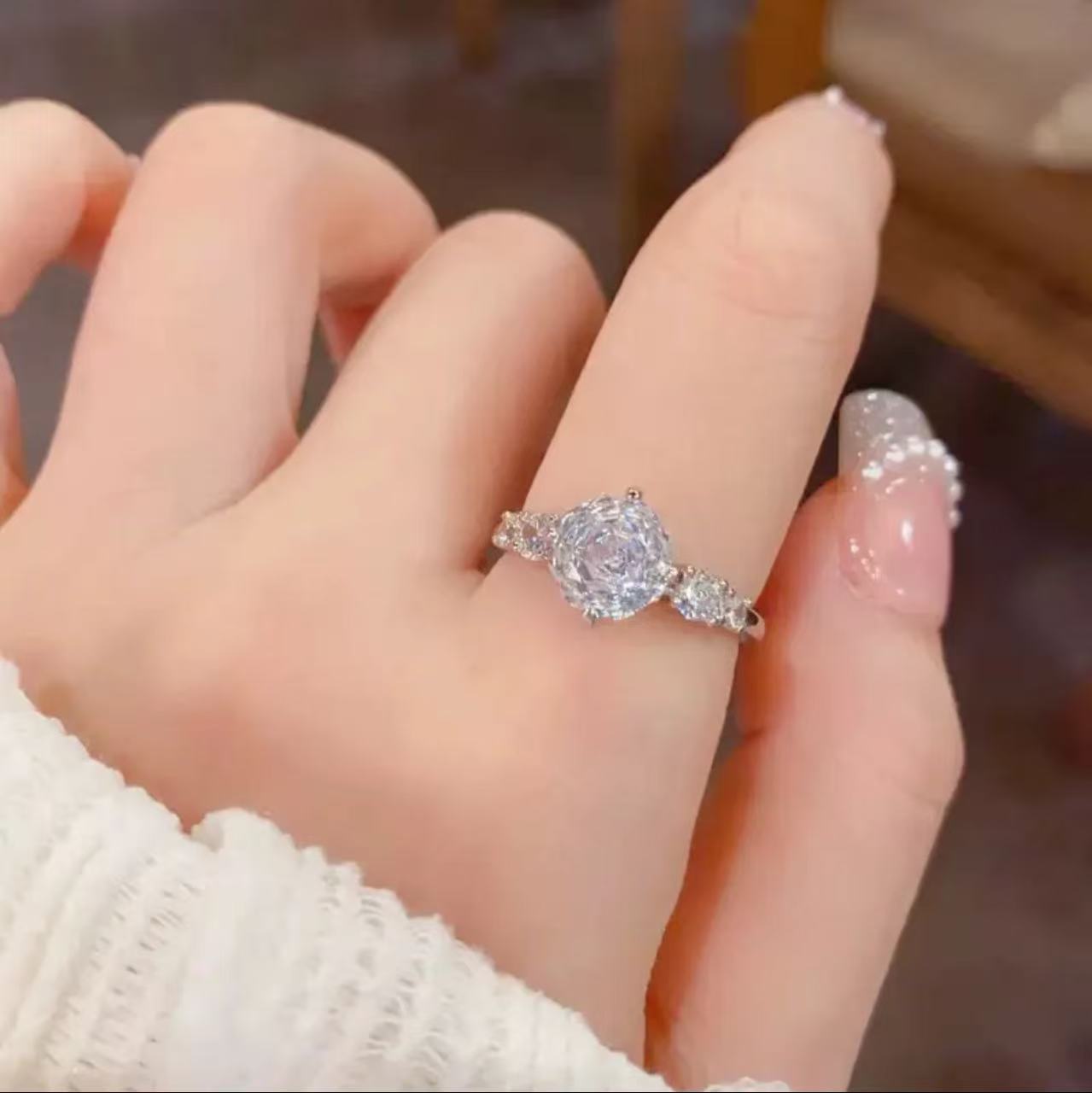 Octagon Millenia Rose Cut Aquamarine Ring For Women, Luxury Elegant Rose Design, Versatile Delicate Statement Ring