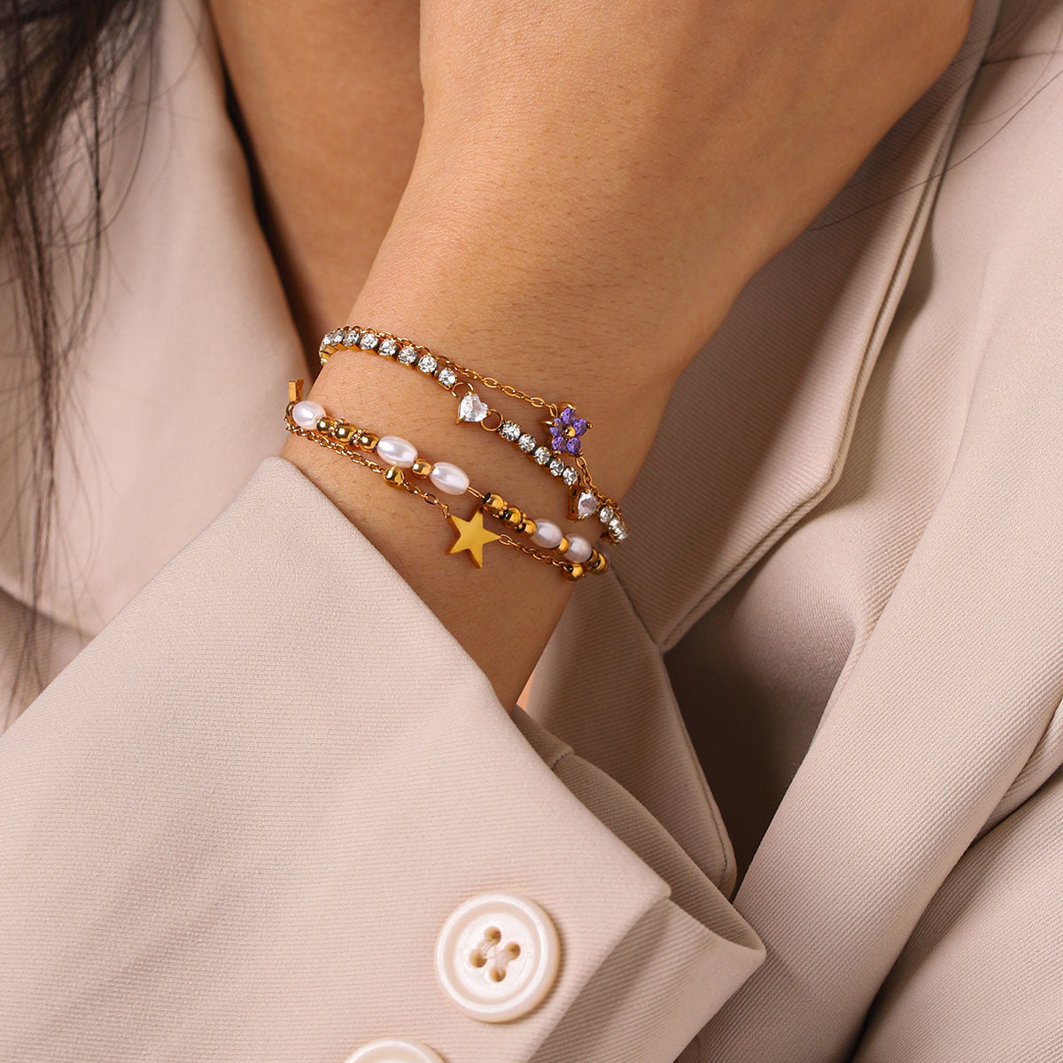 Resort-style 18K Gold Stainless Steel Zircon Bracelet