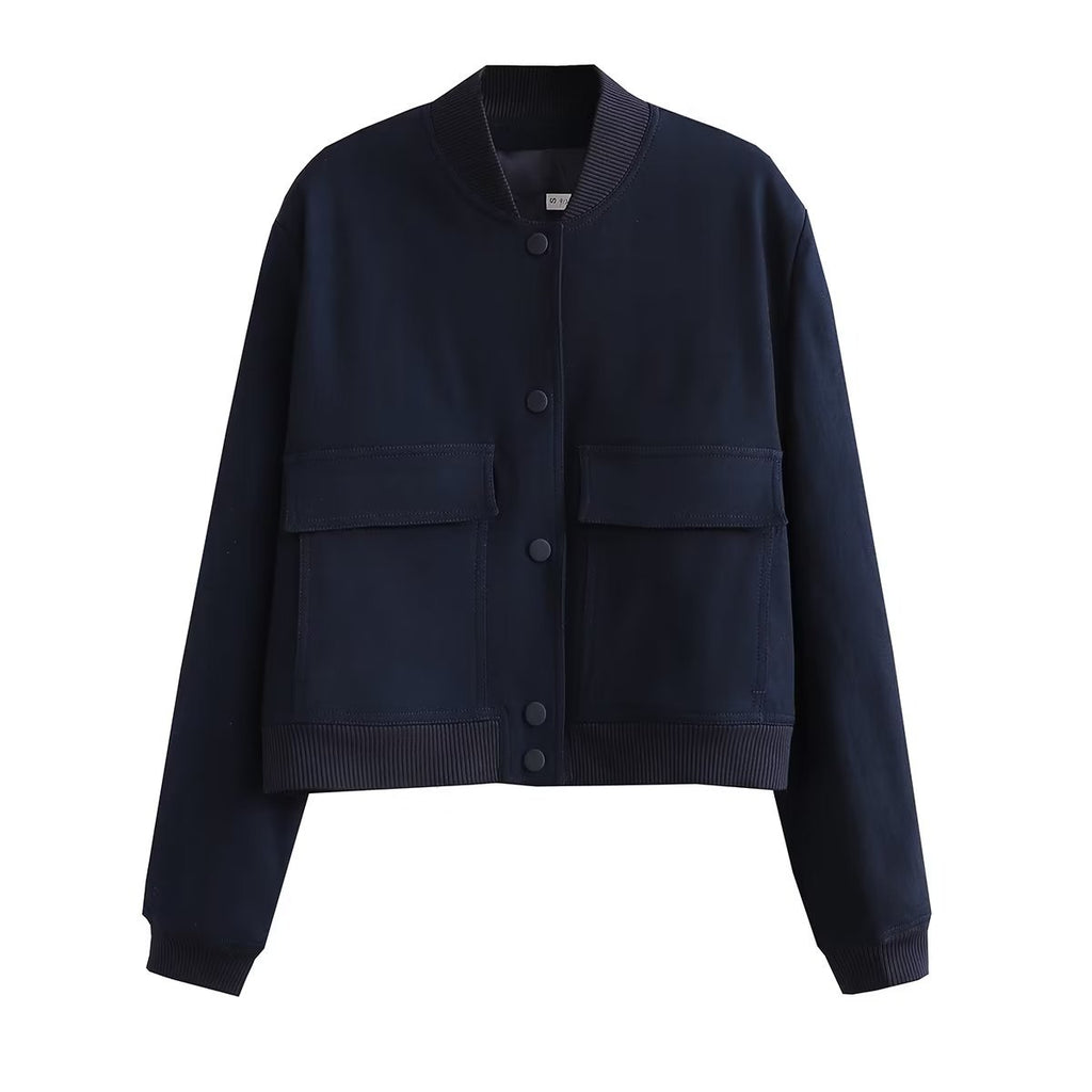 Solid Color Biker Bomber Jacket With Stand-up Collar And Double Pockets