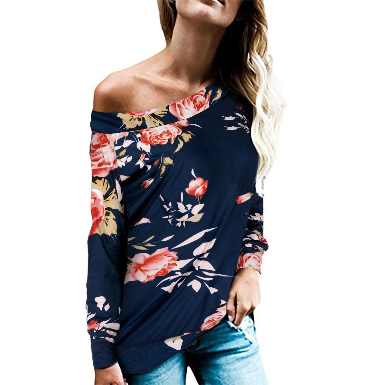 Printed Long-sleeve Off-shoulder Top Featuring Leopard And Snake Patterns