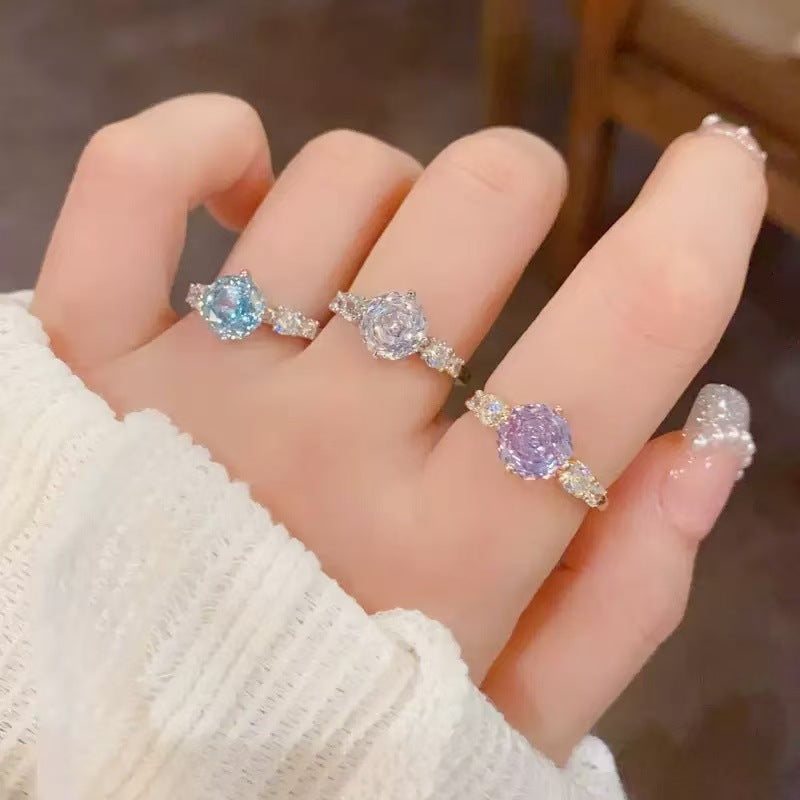 Octagon Millenia Rose Cut Aquamarine Ring For Women, Luxury Elegant Rose Design, Versatile Delicate Statement Ring