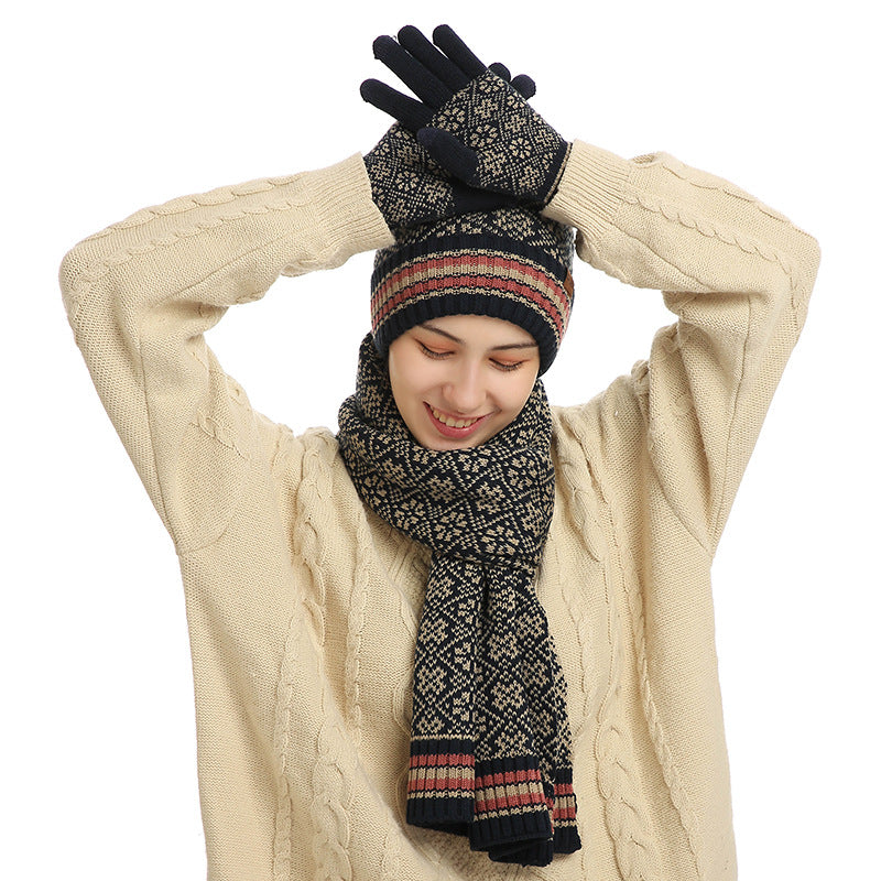 Three-piece Winter New Knitted Warm Woolen Hat Scarf And Gloves