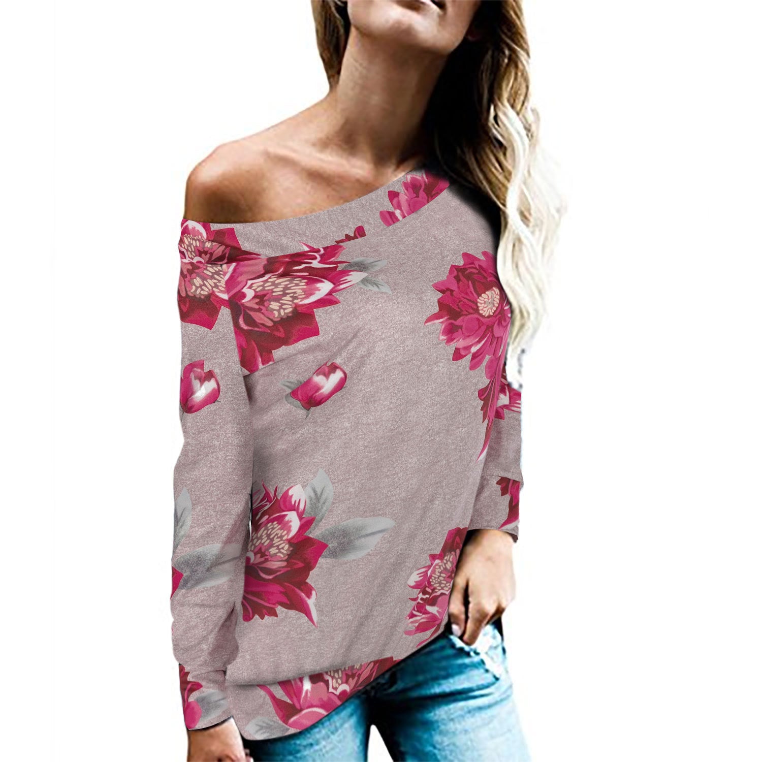 Printed Long-sleeve Off-shoulder Top Featuring Leopard And Snake Patterns