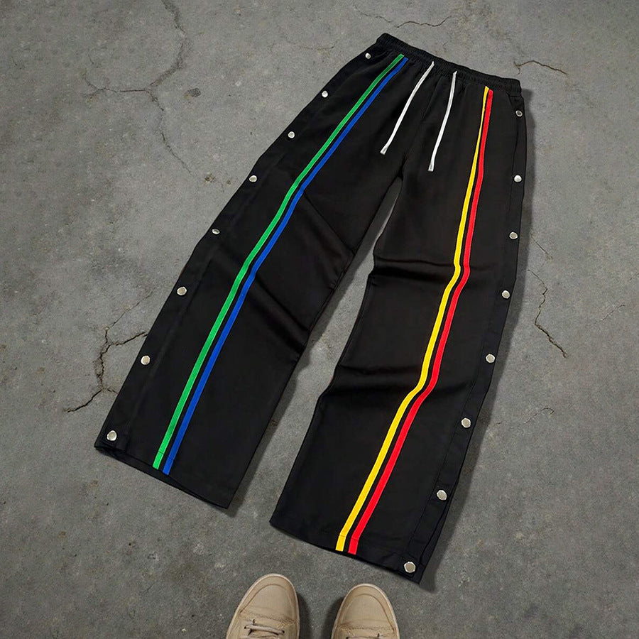 Color-block Striped Design Long Pants American-style Utility Pants