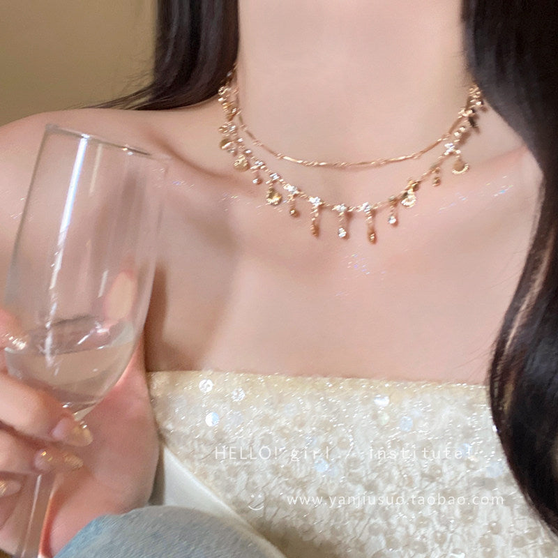 Bohemian Double Layer Necklace With Blue Rhinestone & Shell Charms, Gold Plated Tassel Clavicle Chain, Summer Beach Jewelry