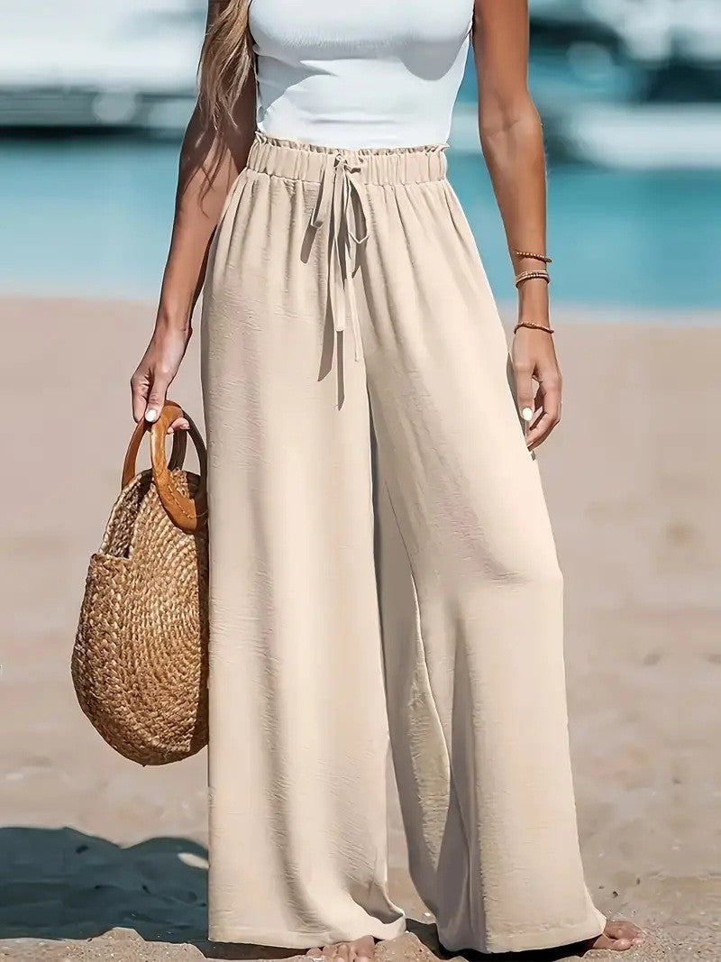 Loose Casual Pants, Trendy Pocket Drawstring Wide-leg Versatile Solid Color Long Trousers