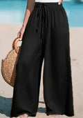 Loose Casual Pants, Trendy Pocket Drawstring Wide-leg Versatile Solid Color Long Trousers