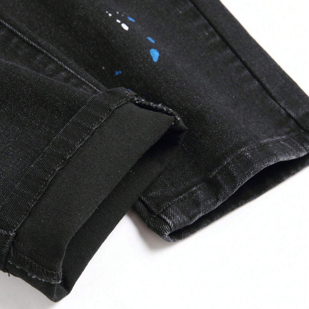 Men's Fashionable Straight-Leg Ripped Black Jeans