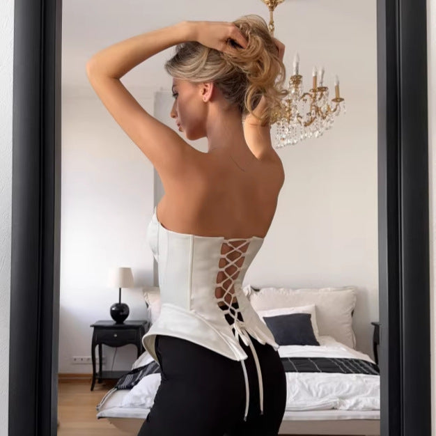 Womens Solid-Color Tube Top With Fishbone Waist Cinch All-Match Top