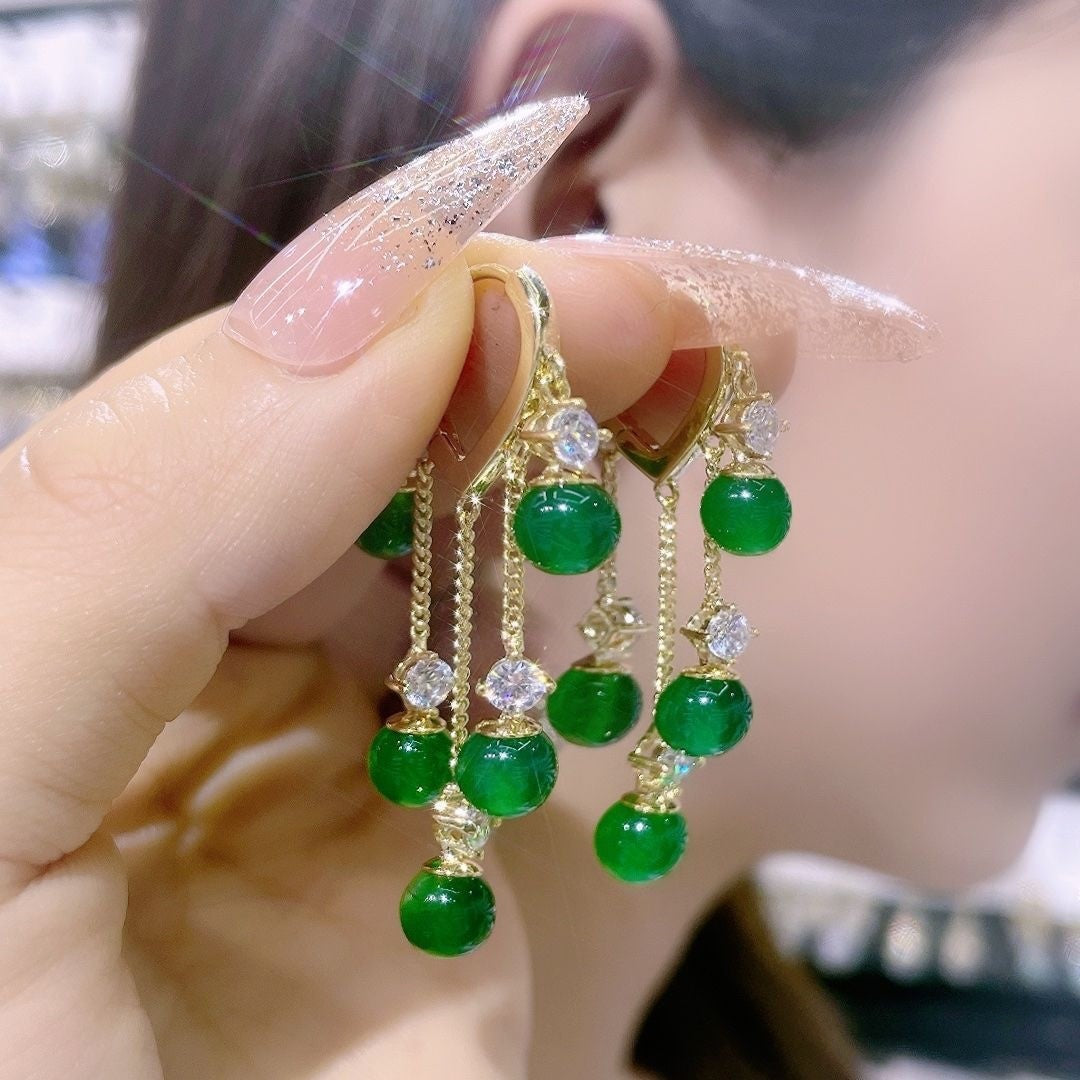 Light Luxury Green Cat's Eye Tassel Drop Earrings, Elegant Long Zircon Inlaid Ear Cuffs, Fresh Design
