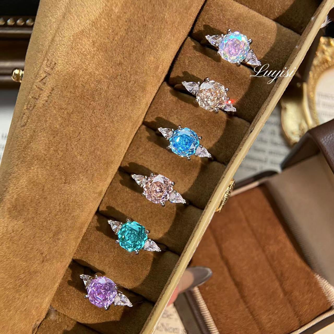 Vintage Dopamine Ring, Trendy Light Luxury Colorful Moissanite Band Ring