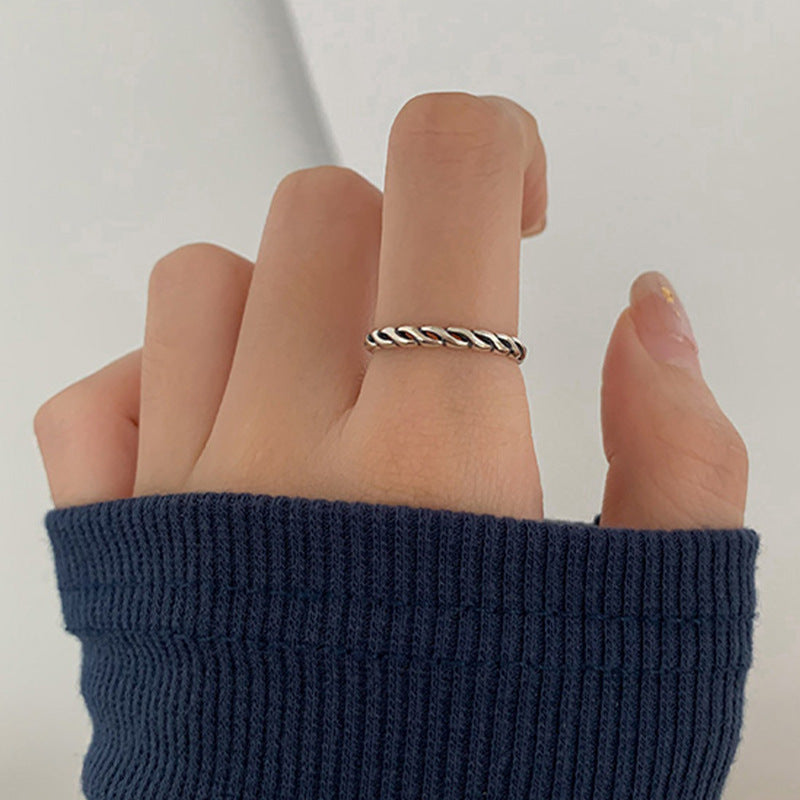 Minimalist 925 Silver Twisted Chain Open Ring, Vintage Adjustable Cuff Band, Korean Fashion Jewelry For Women