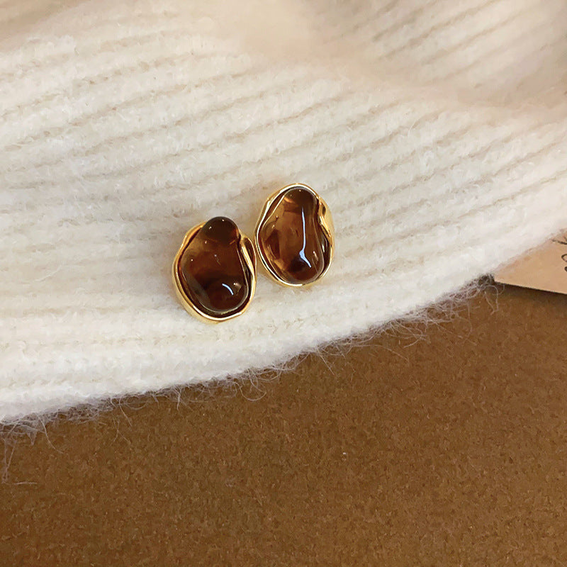 Maillard Style Vintage Round Earrings For Women, Irregular Silver Texture Brown Resin Stud Earrings, Retro Luxury Geometric Ear Jewelry For Daily Commute Party