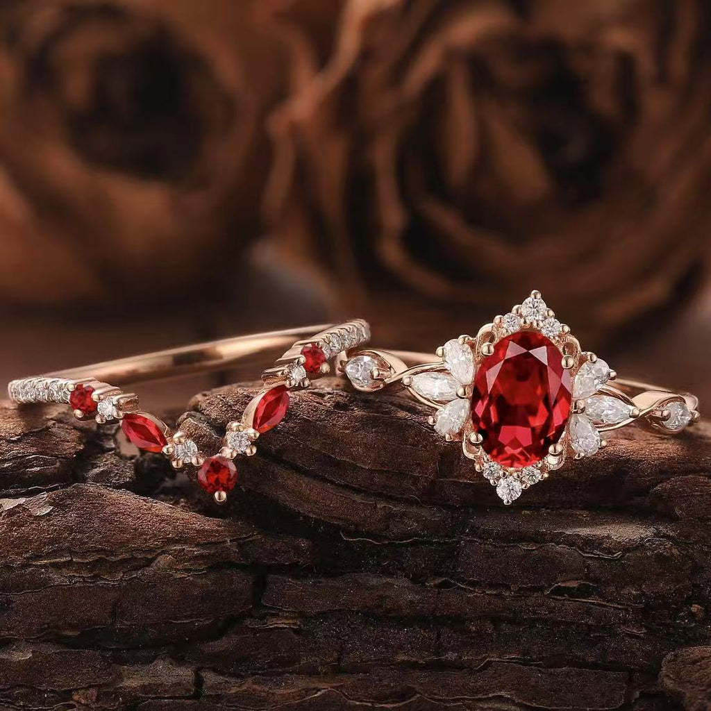 Electroplated Rose Gold Ring Set With Red Gemstones