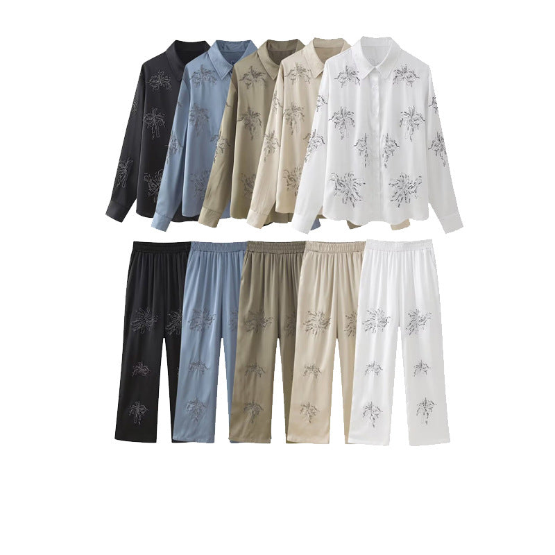 French Fashion Beaded Embroidered Shirts High Waist Casual Trousers Sets