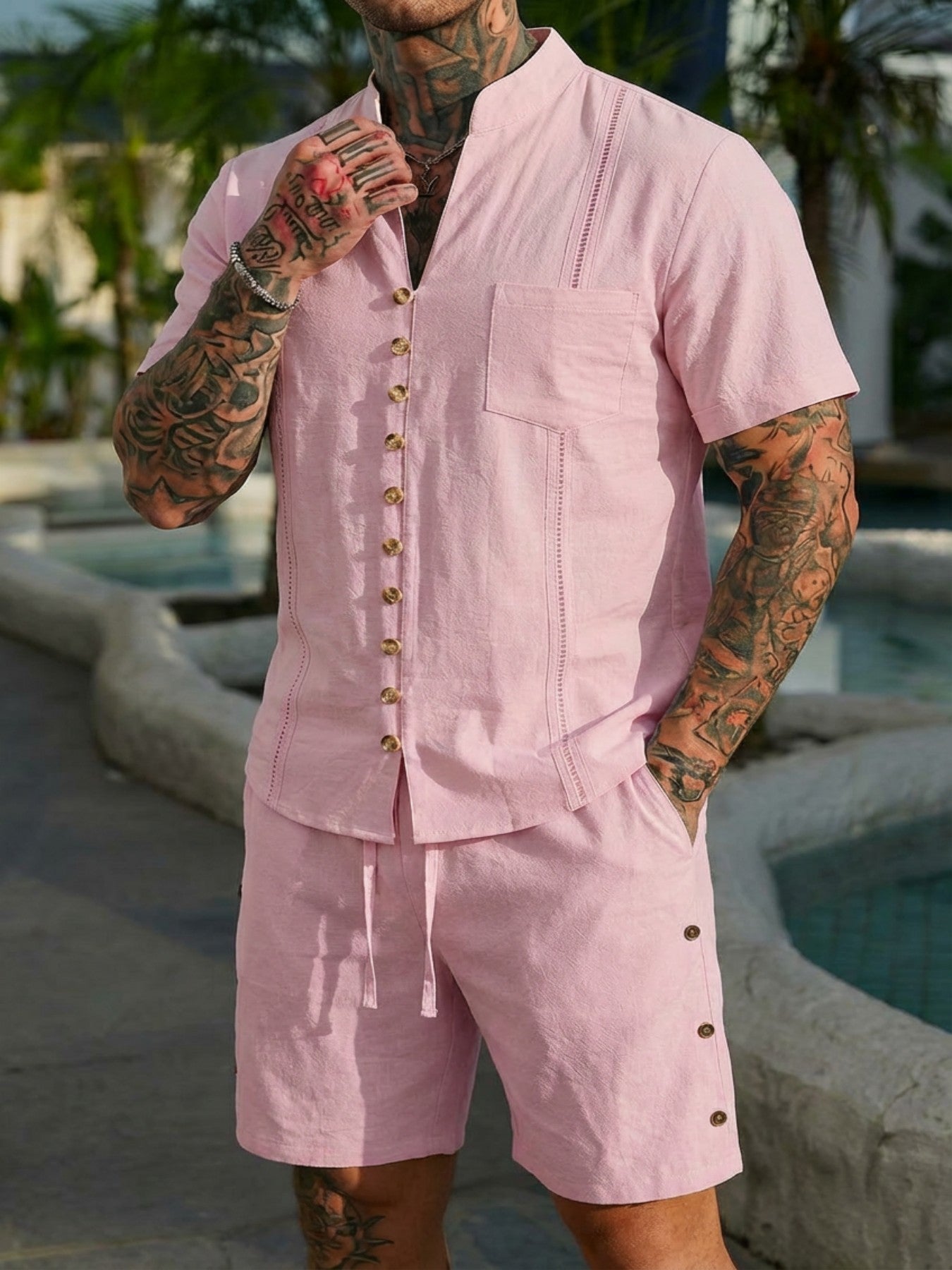 Stand-collar Solid-color Short-sleeve Shirt Set