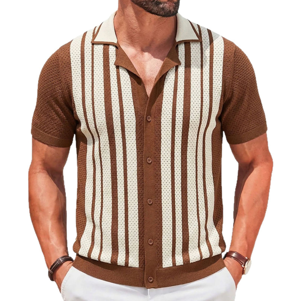 Brown Striped Cuban-Neck Short-Sleeve Hollow-Out Knit Top