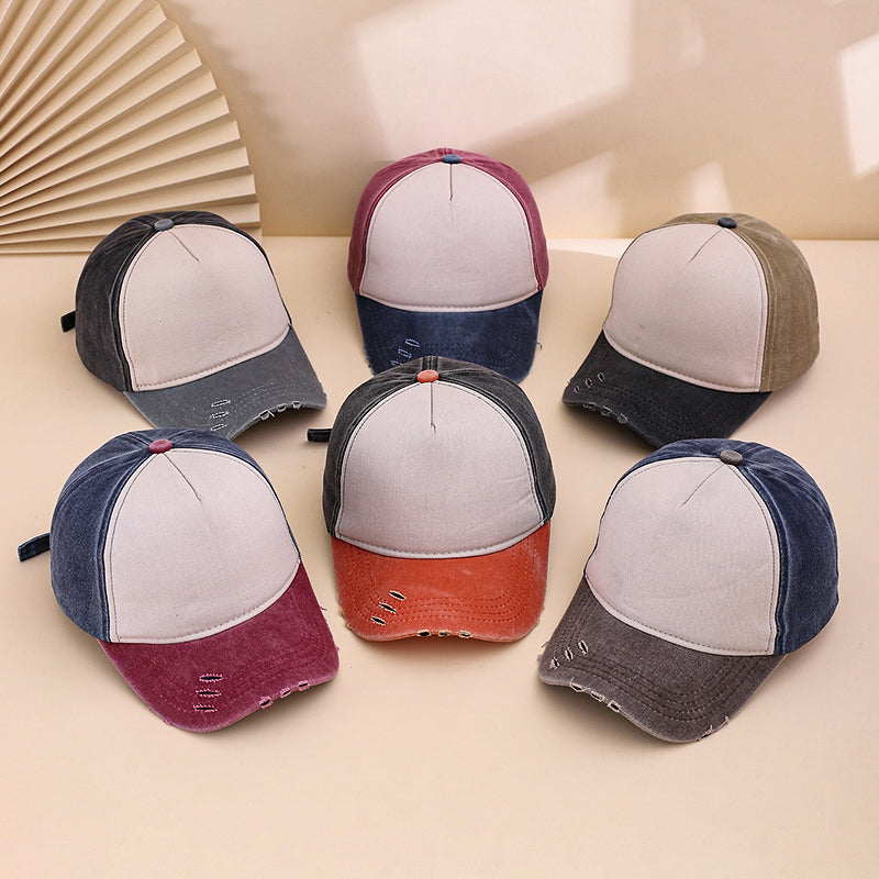 Colored Patch Adjustable Beveling, Hole Punching, Water Washing, Distressed Vintage Style Casual Baseball Cap, Suitable For Outdoor Sports And Outings.