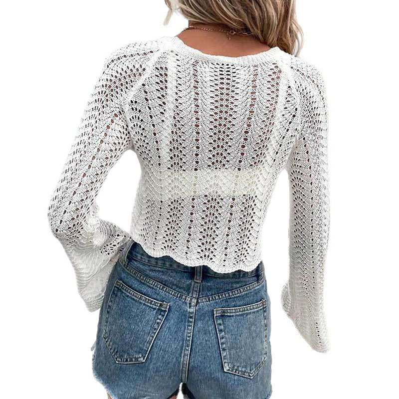Womens Hollow-Out Knitted Cropped Blouse With Flared Sleeves Top