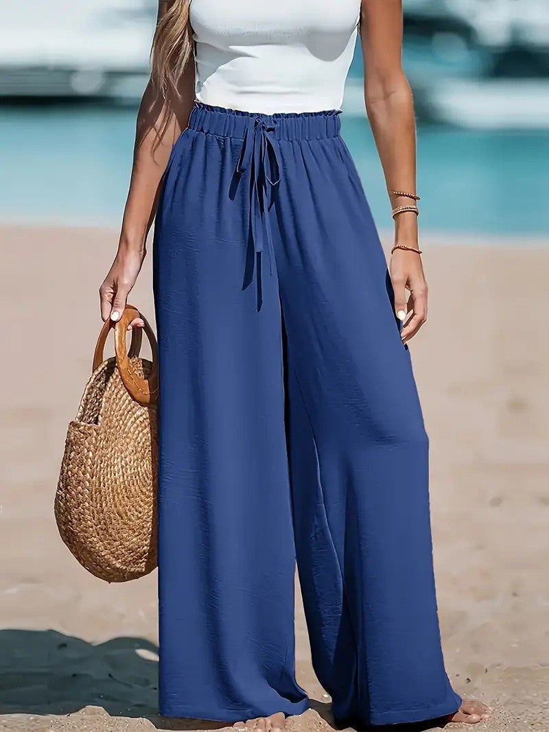 Loose Casual Pants, Trendy Pocket Drawstring Wide-leg Versatile Solid Color Long Trousers