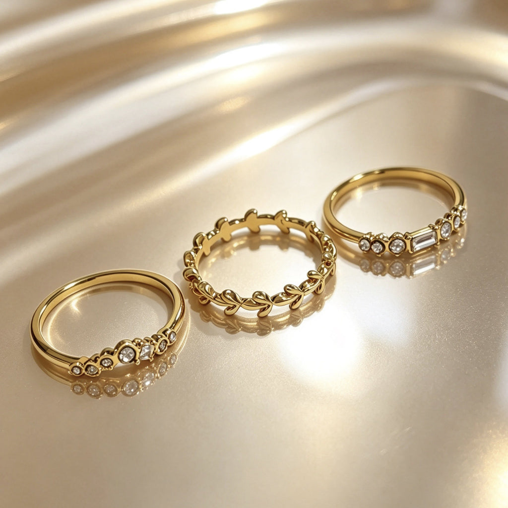 Simple Alloy Electroplated 18K Gold Three-Piece Ring Set