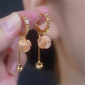 Light Luxury Champagne Gold Diamond-Shaped Pearl Threader Earrings, Elegant Long Dangle Earrings With Zircon Inlay