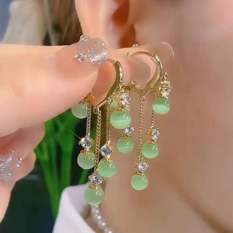 Light Luxury Green Cat's Eye Tassel Drop Earrings, Elegant Long Zircon Inlaid Ear Cuffs, Fresh Design