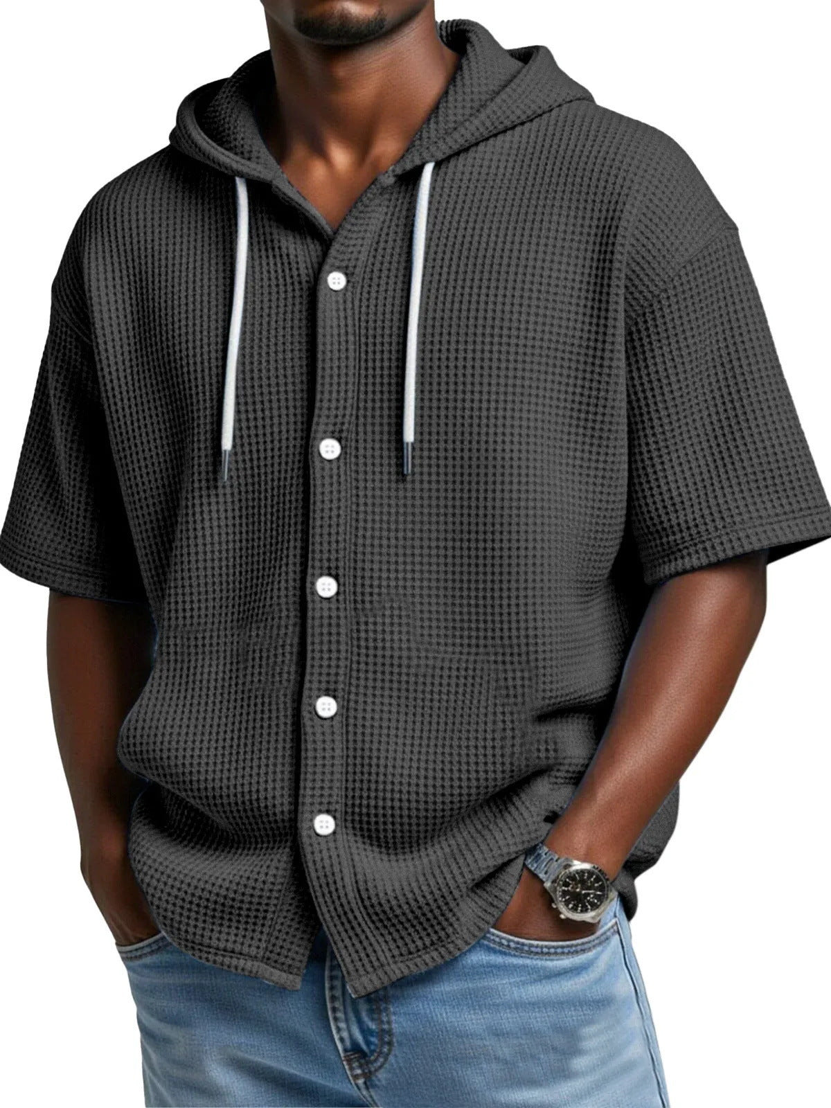 SpringSummer Casual Waffle Weave Hooded Short-Sleeve Top