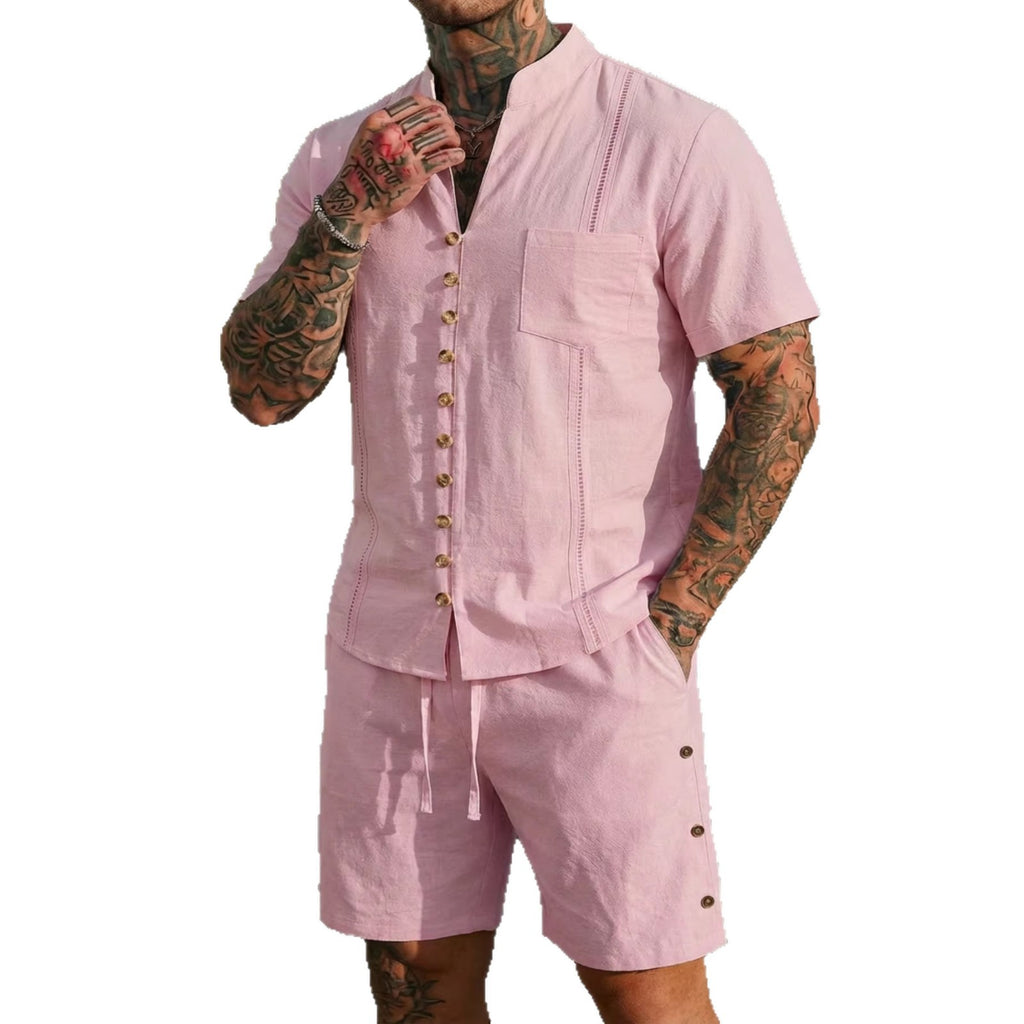 Stand-collar Solid-color Short-sleeve Shirt Set