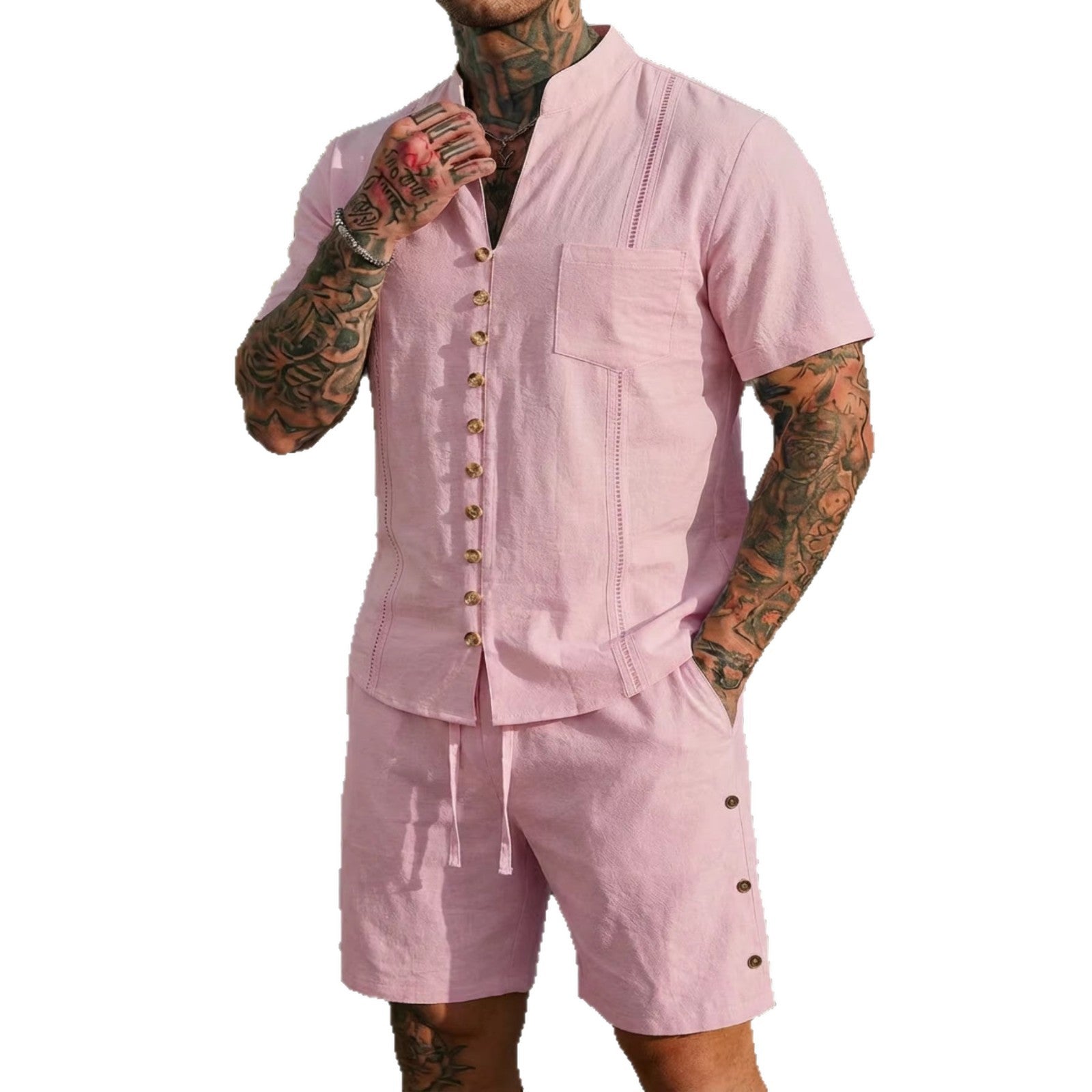 Stand-collar Solid-color Short-sleeve Shirt Set