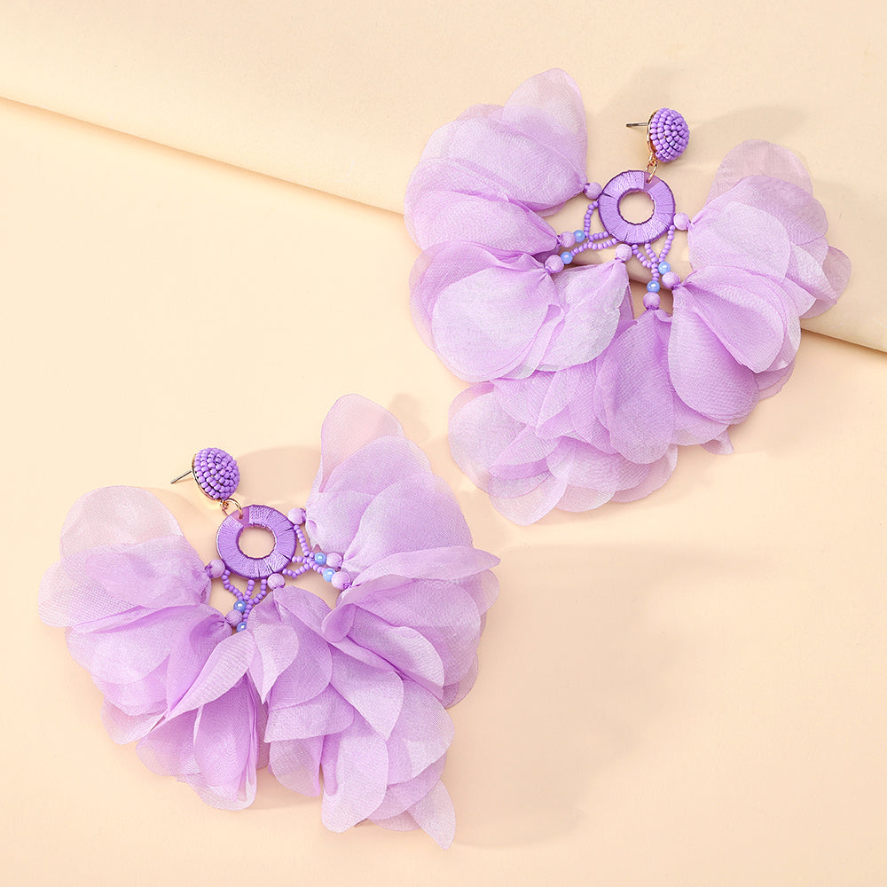 Handmade Bohemian Beaded Chiffon Flower Tassel Earrings For Women Tropical Vacation Statement Jewelry