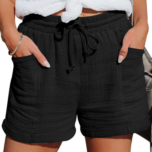 2026 European And American Cross-border New Summer Women's Clothing Amazon Wish High-Waisted Belted Loose Wide-Leg Short Pants For Women