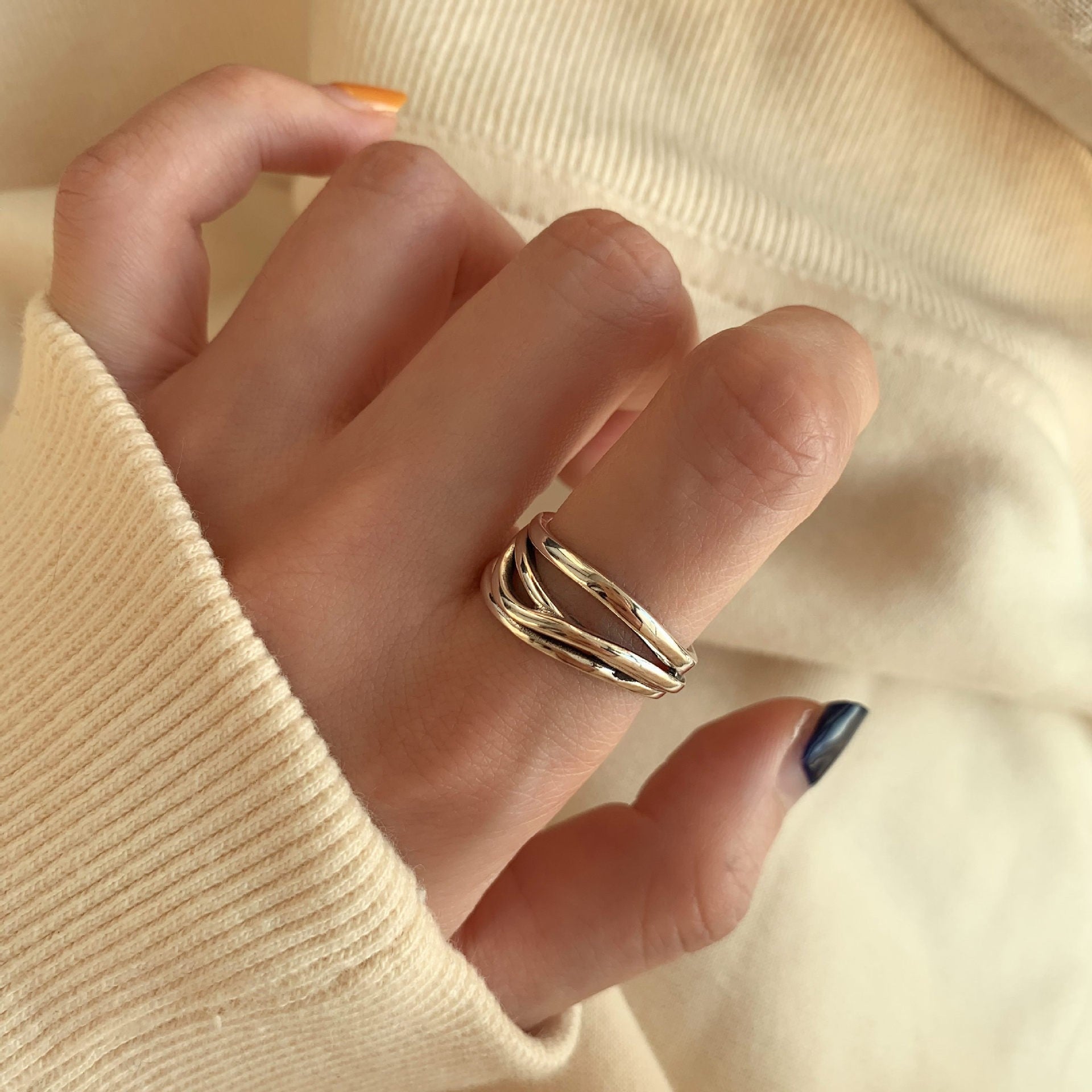 Korean Style Niche Design 925 Silver Rings For Women, Minimalist Non-Fading Vintage Heavy Industry Finger Rings Jewelry Wholesale