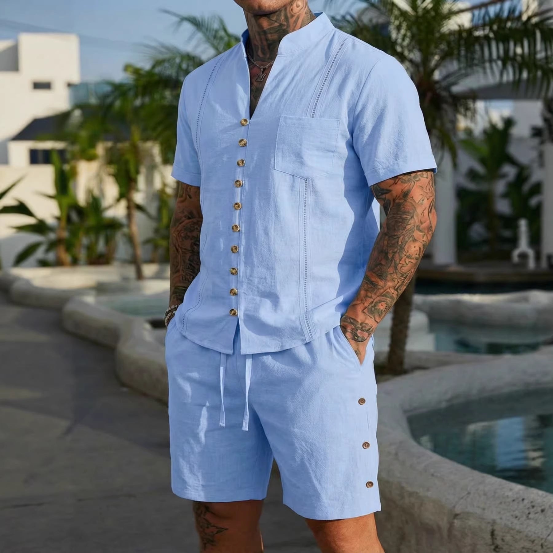 Stand-collar Solid-color Short-sleeve Shirt Set