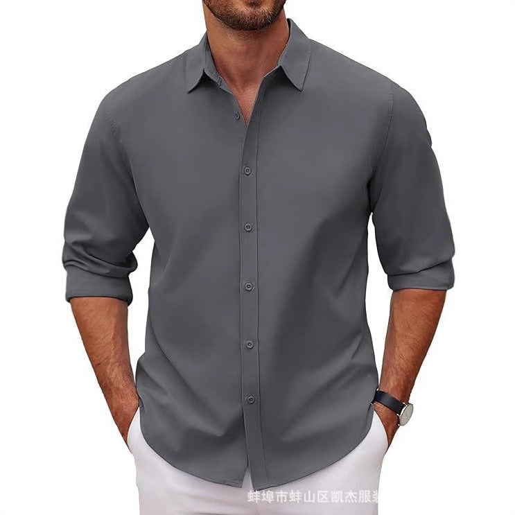 New Mens Long-sleeve Lapel Solid-color Shirt