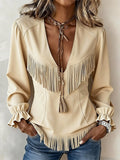 Women's Casual V-Neck Knitted Solid-Color Tassel Jacket