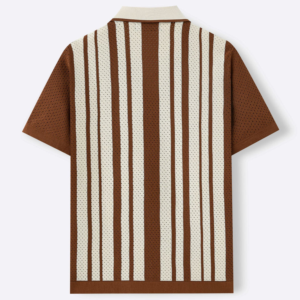 Brown Striped Cuban-Neck Short-Sleeve Hollow-Out Knit Top
