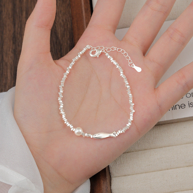 S925 Sterling Silver Little Fish & Broken Silver Pearl Bracelet For Women, New 2025 Design, Light Luxury Niche Exquisite Bracelet