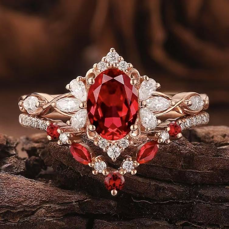 Electroplated Rose Gold Ring Set With Red Gemstones
