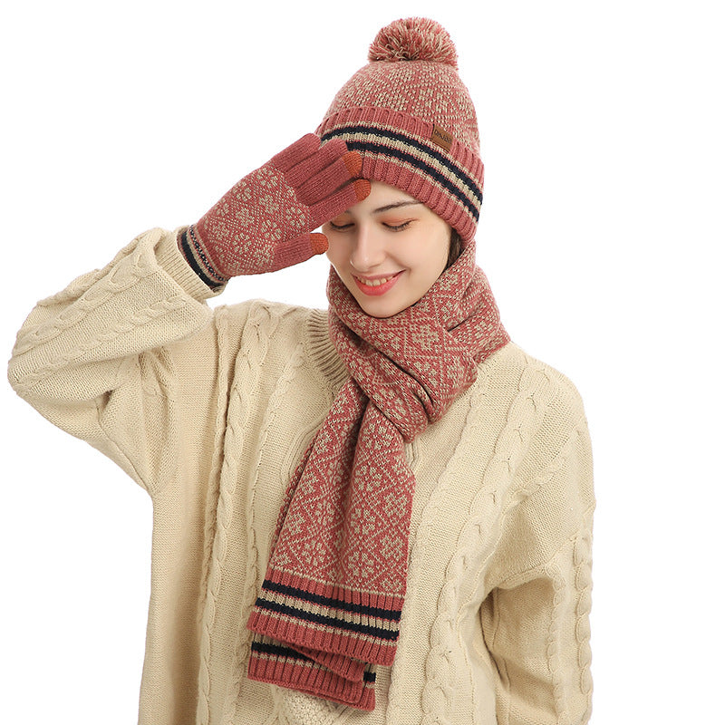 Three-piece Winter New Knitted Warm Woolen Hat Scarf And Gloves