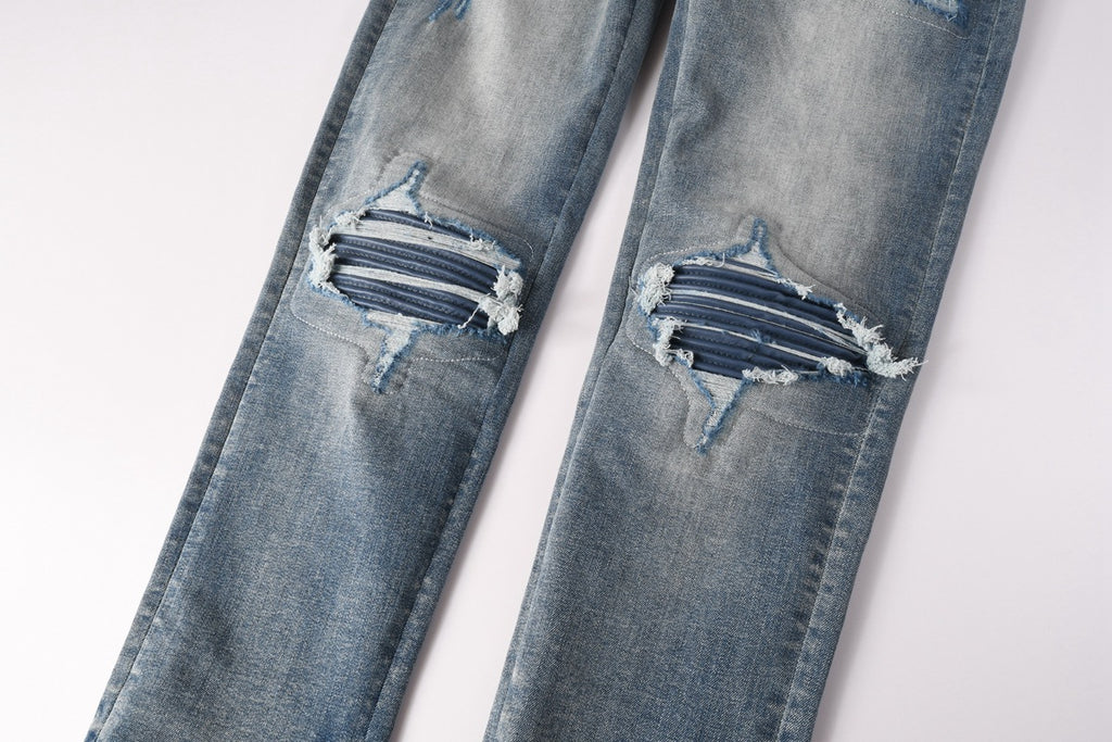Mens Slim-Fit Denim Jeans With Ripped Patches