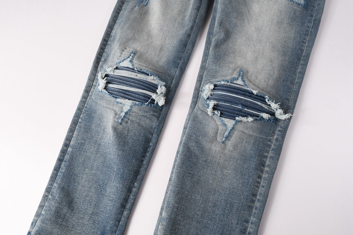 Mens Slim-Fit Denim Jeans With Ripped Patches