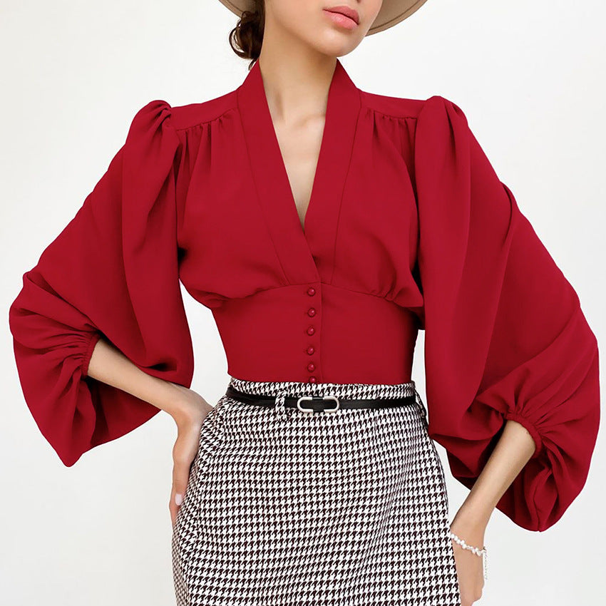 V-neck Top French-style Long-sleeve Work Shirt