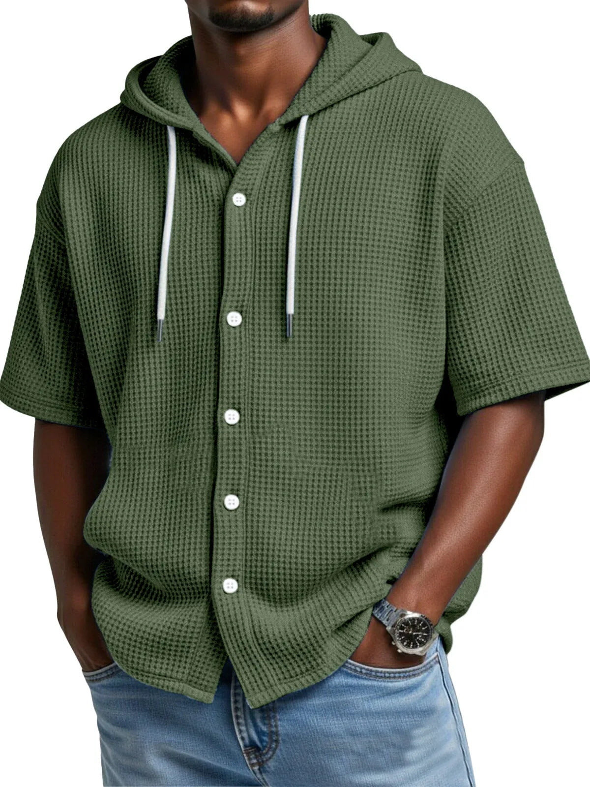 SpringSummer Casual Waffle Weave Hooded Short-Sleeve Top