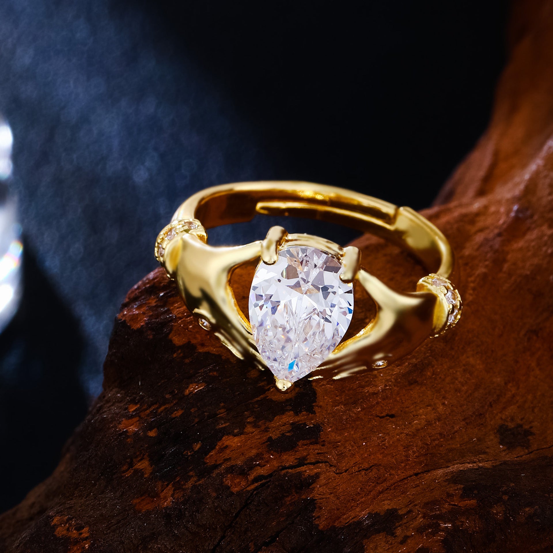 Water Drop Rhinestone Light Luxury Adjustable Open Ring